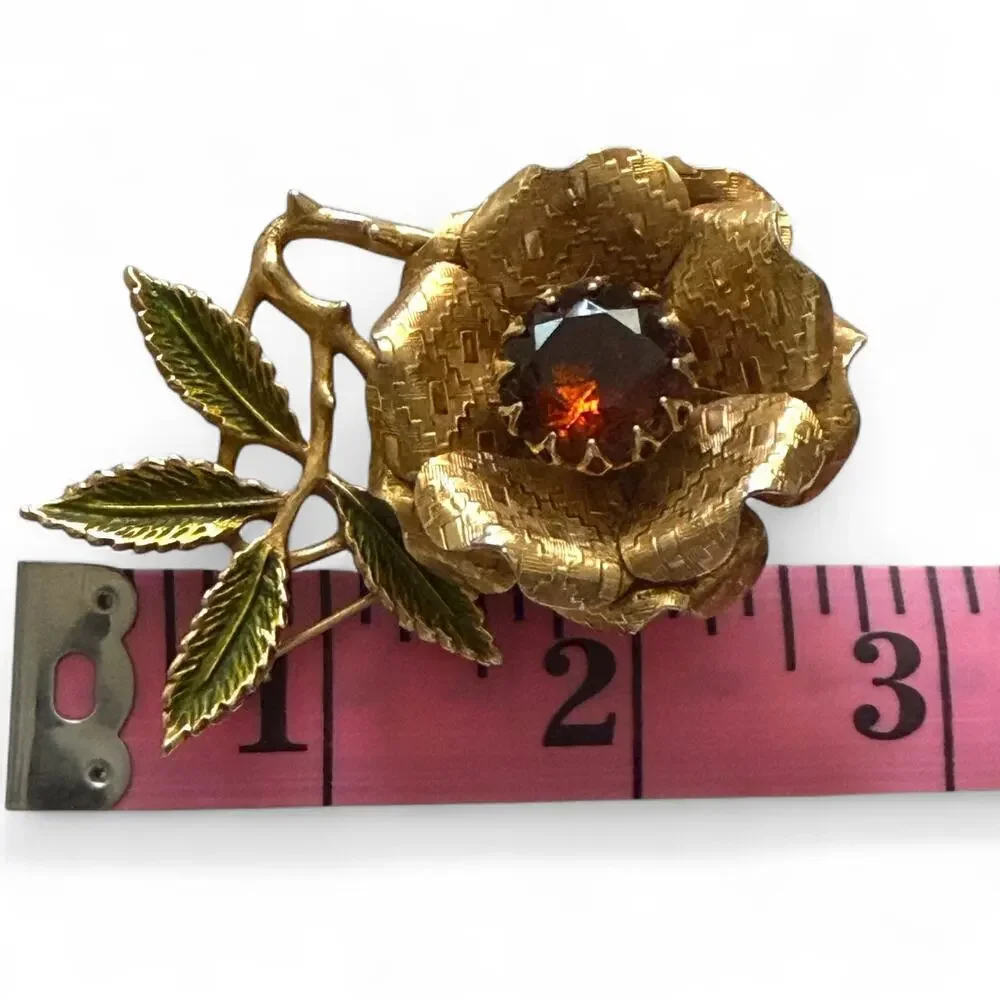Vintage Sarah Coventry “Ember Flower” Brooch 3D Etched Art Deco Gold Tone Topaz